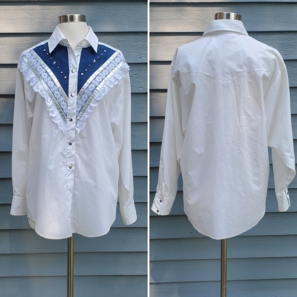 Vintage 70s H Bar C Western Boho White Denim Lace Studded Snap Down Shirt Lg - Picture 7 of 7